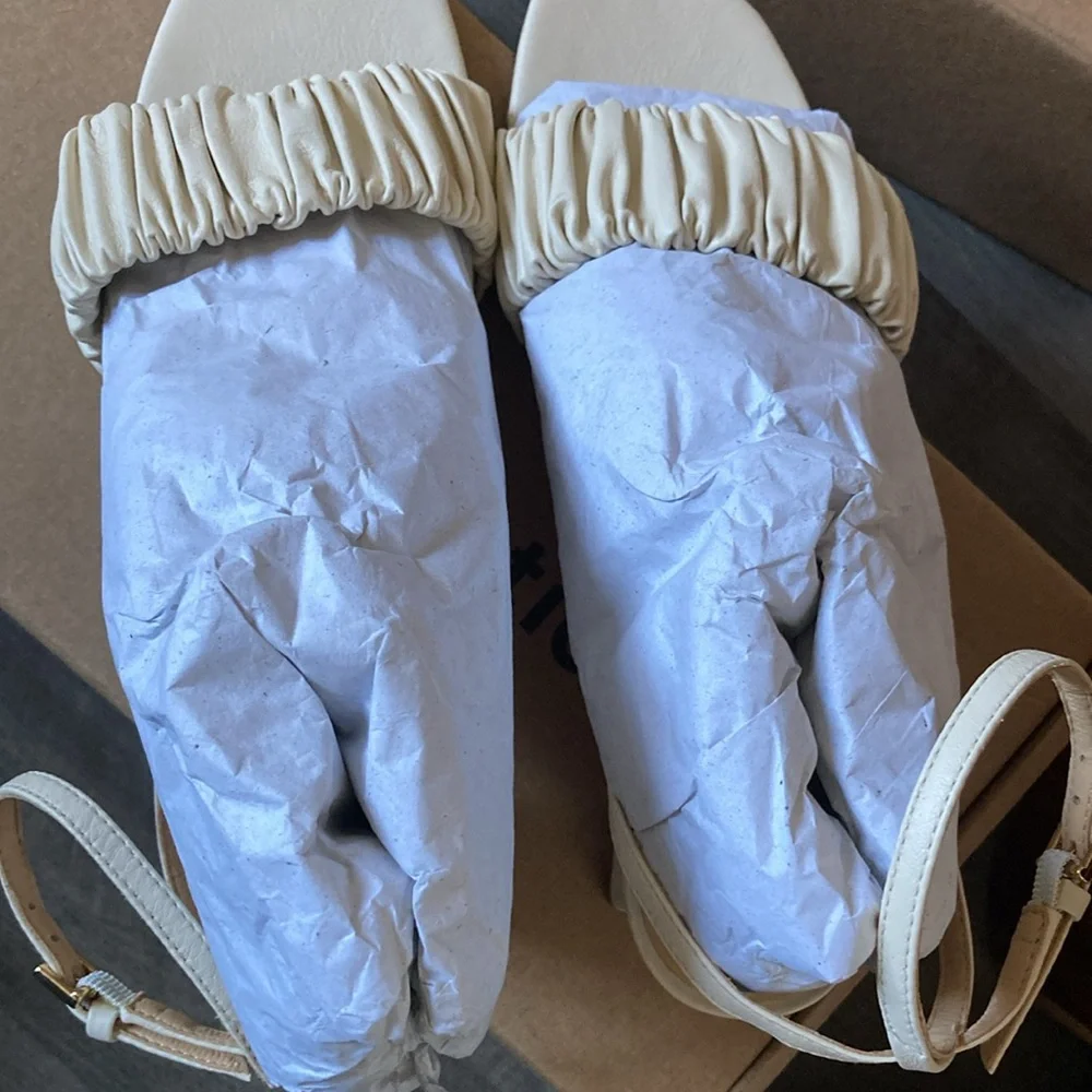 Reformation Cream Ruched Strap Sandals